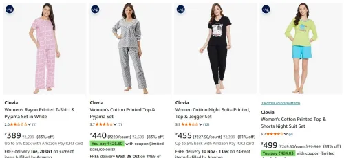 Image of Clovia Women's Pyjama Sets at minimum 80% Discount