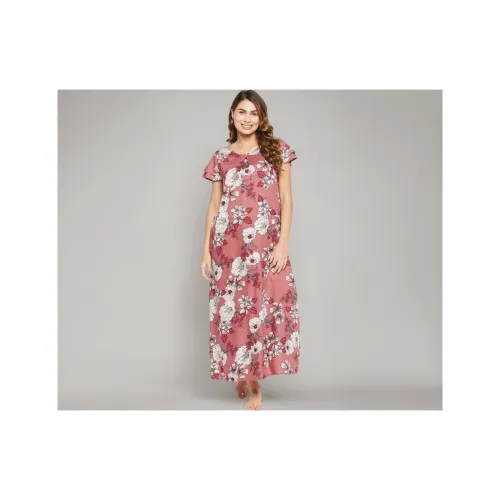 Image of Clovia Women's Rayon Printed Long Night Dress - Pink