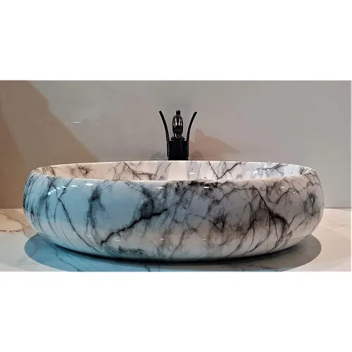 Image of CLUSTER Designer Glossy Ceramic Countertop Wash Basin Oval White Marble