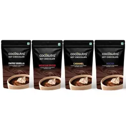 COCOSUTRA Hot Chocolate Mix | Swiss Vanilla, Mexican Spiced, Caramel & Mocha | Pack of 4 (Each 100 gm) 400 g | Drinking Chocolate Powder | Enjoy hot or cold