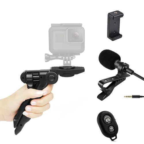 Image of Coku Mini Camera Tripod Stand with Bluetooth Selfie Remote & Collar Mic, Mobile Holder Clip Pistal Grip Tripod Complete 