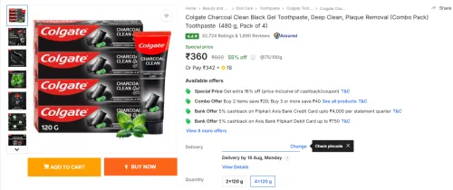 Image of Colgate Charcoal Clean Black Gel Toothpaste (480 g, Pack of 4)