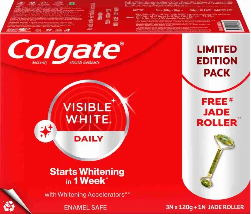 Image of Colgate Visible White Teeth Whitening Toothpaste 120g pack of 3 with Jade Roller