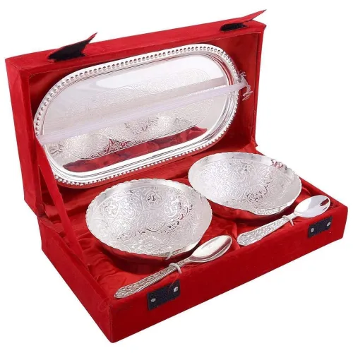 Image of Collectible India Royal Silver Plated Brass Bowl Set (2 Bowl, 2 Spoon, 1 Tray)