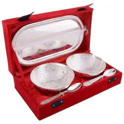 Collectible India Royal Silver Plated Brass Bowl Set (2 Bowl, 2 Spoon, 1 Tray)