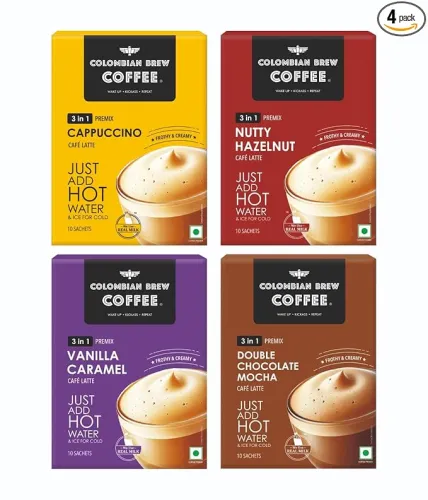 Image of Colombian Brew 3 in 1 Assorted Instant Coffee Premix Café Latte, Cappuccino, Hazelnut, Vanilla Caramel, Double Choco Moc