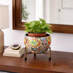 Habere India-All the Cultures Fabricating India Colorful Mandala Print Metal Plant Pot with Stand | Decorative Flower Pot for Living Room, Balcony & Indoor Plant Decor (L15 x W15 x H15 cm)