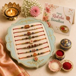 Combo of 10 Dora Rakhi Set for Brother, Bhaiya, Bhabhi for Rakhi/Rakshabandhan with Roli Chawal & Greeting Card | Premium Rakhi Hamper RKHMPR71