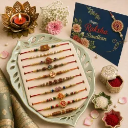 Combo of 10 Dora Rakhi Set for Brother, Bhaiya, Bhabhi for Rakhi/Rakshabandhan with Roli Chawal & Greeting Card | Premium Rakhi Hamper RKHMPR45