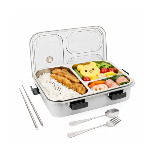 Image of Conquer 3-Compartment Stainless Steel Lunch Box – Grey Conquer Leak-Proof Lunch Box with Cutlery – Grey