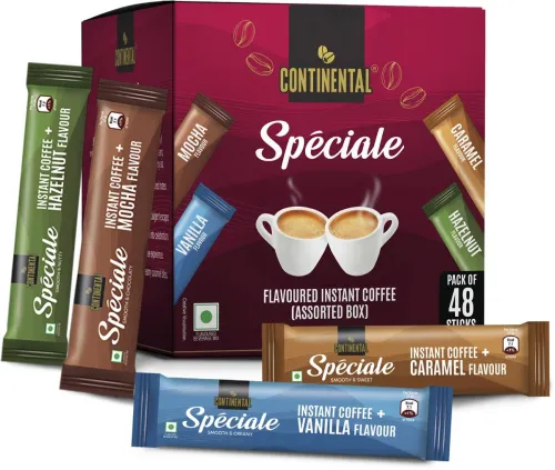 Image of Continental Speciale 96 Coffee Sachets | 4 Flavours - Hazelnut, Vanilla, Mocha, Caramel Instant Coffee (96 x 2 g, Assort