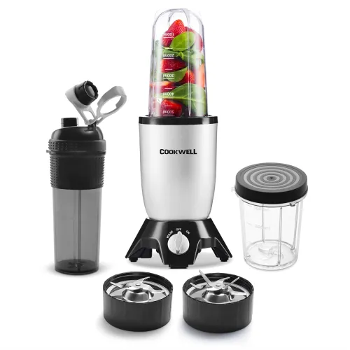 Image of Cookwell Bullet Mixer Grinder (3 Jars, 2 Blades, Metallic Silver), 600 Watts - 2 Year Warranty