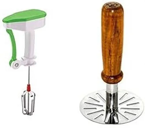 Image of Cookzella Wooden Handle Bhaji Masher with Stainless Steel Hand Blender (Pack of 2 Pcs)