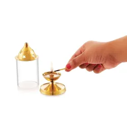 Copper Brass AKHAND Diya with Glass Cover, Deepam Jyot Diya Oil Lamp- Golden Brass Diya for Festivals (Medium)