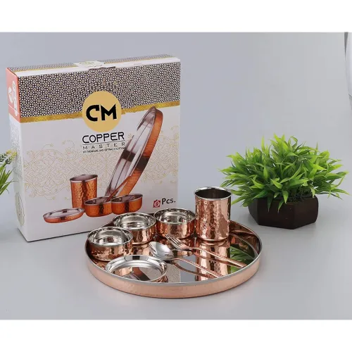 Image of Copper- Pure Copper Steel Thali Dinner Set – 8 Pieces