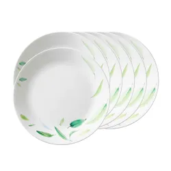 CORELLE Asia Collection Dancing Leaves Dinner Plates (22cm) | Made of Vitrelle Glass | White | Dishwasher & Microwave Safe | Lightweight & Durable | Chip & Break-Resistant | Pack of 6