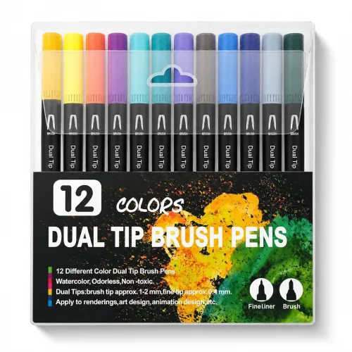 Image of Corslet 12 Pcs Dual Tip Brush Pens Vibrant Colours for Mandala Colouring Professional Dual Tip Felt Tip Pens with Flexib