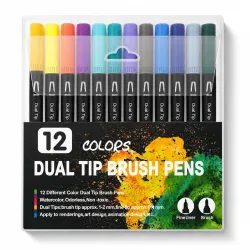 Corslet 12 Pcs Dual Tip Brush Pens Vibrant Colours for Mandala Colouring Professional Dual Tip Felt Tip Pens with Flexible Brush Tip & Extra Fine Liner Tip for Detailed Artwork Watercolour M...