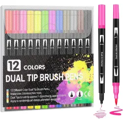 Corslet 12 Pcs Dual Tip Brush Pens Felt Tip Pen Set 12 Colors, Colouring Pens Art Markers for Kids and Adults, Colouring