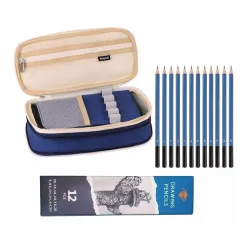 Corslet Large Capacity 3-Compartment Pencil Case with 12 Pcs Drawing Sketching Pencil Set