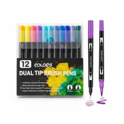 Corslet Dual Tip Brush Pens Set of 12 Vibrant Colours for Mandala Colouring Professional Dual Tip Felt Tip Pens with Flexible Brush Tip & Extra Fine Liner Tip for Detailed Artwork Watercolou...