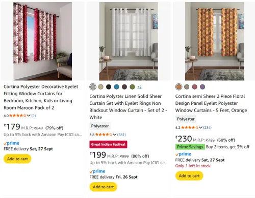 Image of Cortina 2 Piece Curtains Starting @ ₹179