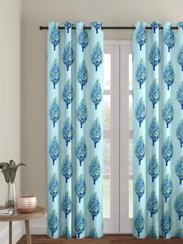 Image of Cortina Blue Single Floral Printed Door Curtain