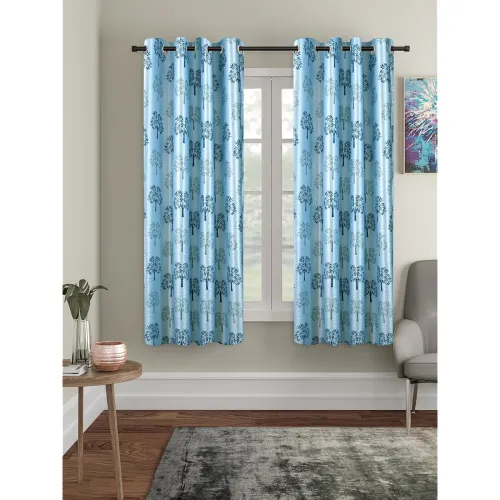 Image of Cortina Blue Floral Printed Window Curtains Set of 2