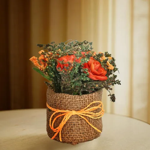 Image of Cortina Cylindrical Tea Red Rose Planter for Home Decor & Dining Table – Nordic Modern Boho Style Plastic Pot with Cloth