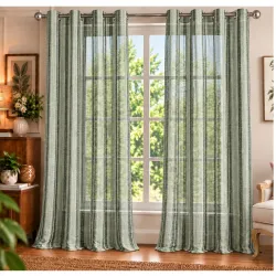 Cortina Premium Linen Blend Sheer Curtain 5 feet Long Set of 2 Eyelet Ring Hanging, Strip Printed Curtains |Light Filtering Drapes (Black Strip, 5FT)