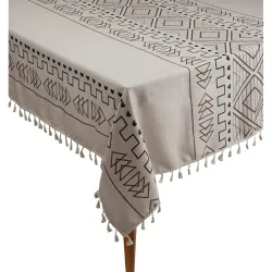 Cortina Tablecloth for Dining Table Waterproof Table Cover, Cotton Linen Fabric Rectangle Tablecloth (Boho-Black, 6 Seater)