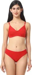 Cotton Plus Bra & Panty Set Solid Red Lingerie Set