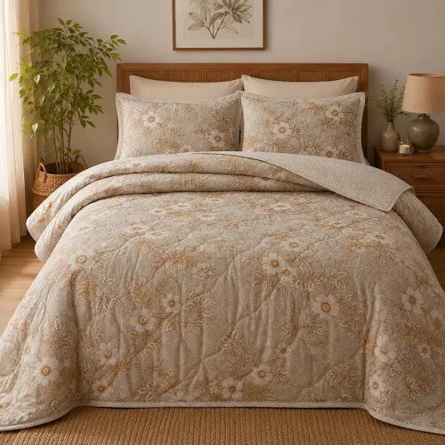 Image of 100% Cotton Quilted Comforter Set with 2 Pillow Covers