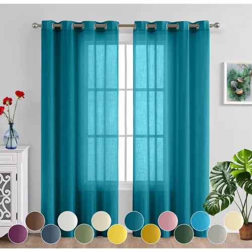 Image of Cotton Solid Sheer Linen Curtain Set with Steel Grommet Rings , so2
