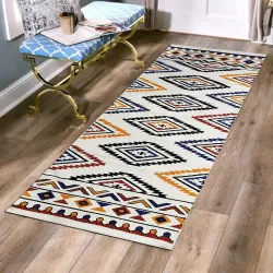 Hand Woven Hand Printed 100% Cotton Tufted Bedside Runner, Carpet for Door, Living Room, Bedroom, Guest Room, Kitchen | 2x5 Feet, 60cm x 152cm (Diamond Print)