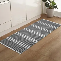 Hand Woven 100% Natural Cotton Rug Carpet Bed Side Runner for Bedroom, Living Room, Yoga Mat | 2x5 Feet, 60cm x 152cm (Black Stripe)