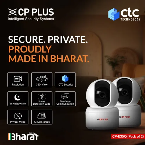 Image of CP PLUS CP-E35Q (Pack of 2) Wifi Smart CCTV Camera with 360 View & CTC Cyber Secure Tech Security Camera (256 GB, 1 Chan