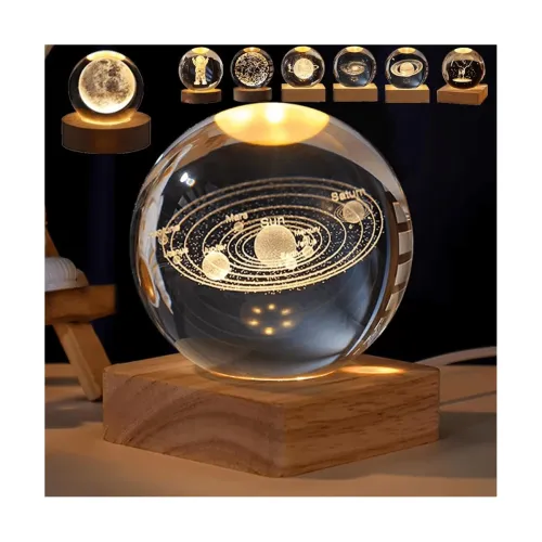 Image of Crackles 3D Crystal Ball Night Lamp, Creative Engraved Night Light for Kids Room, USB Table Lamp with Wooden Base, Light