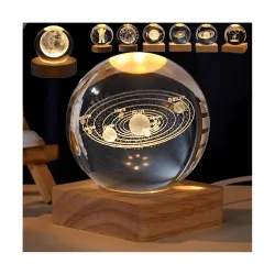 Crackles 3D Crystal Ball Night Lamp, Creative Engraved Night Light for Kids Room, USB Table Lamp with Wooden Base, Light