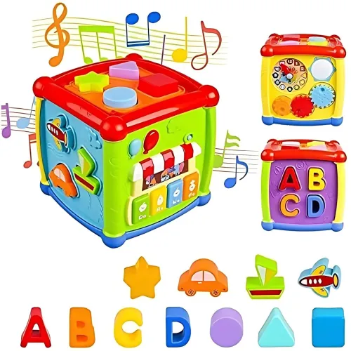 Image of Crackles Early Age 6 in 1 Learning Cube Educational & Learning Activity Toy Including Blocks, Clock, Alphabets-Tree,Tran