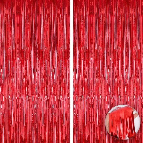 Image of Crackles Metallic Tinsel Red Foil Fringe Curtains 