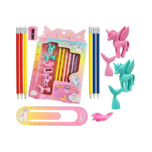 Image of Crackles Unicorn Stationary Kit With Pencils, Erasers, Sharpener, Ruler Bookmark, Pencil Grip Combo Set For Best Return 