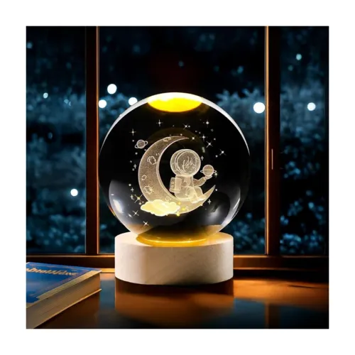 Image of CRAE 3D Crystal Night Lamp Ball Astronaut with Wooden Base