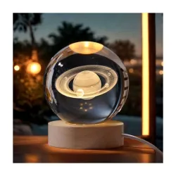 CRAE 3D Saturn Crystal Ball Night Lamp, Galaxy Light Ball with Wooden Base, Perfect for Home Decor, Office, Birthday Gif