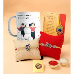CraftVatika Rakhi for Brother with Mug Gift, Lucky Bro Printed Mug with 2 Designer Rakhi (Biker Rakhi, Peacock Rakhi) for Brother with Greeting Card