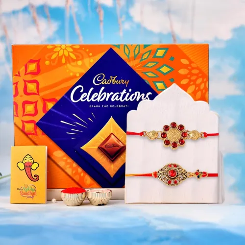 Image of CraftVatika Rakhi Gift for Brother With Cadbury chocolate Combo, Premium Rakhi Set of 2 for brother, Rakhis hamper for b