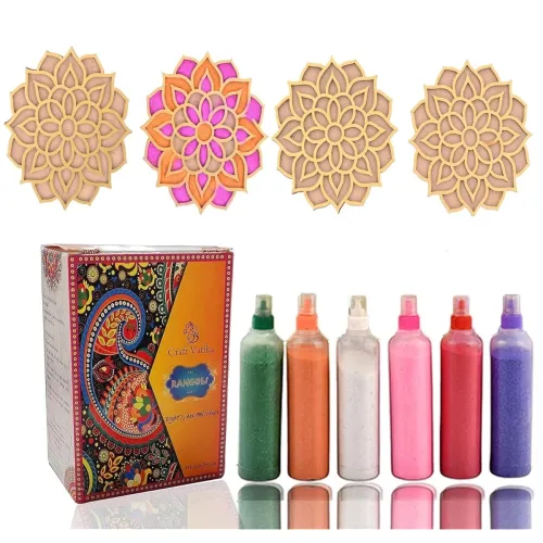 Image of CraftVatika Rangoli Colour Powder Kit – 6 Tubes with 4 Stencils