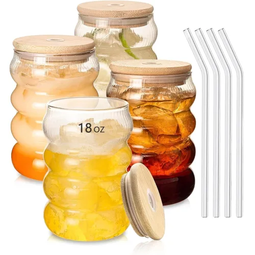 Image of Creative Ripple Drinking Glasses with Bamboo Lids and Glass Straw - 1 Pcs Wave Can Shaped Glass Cups,