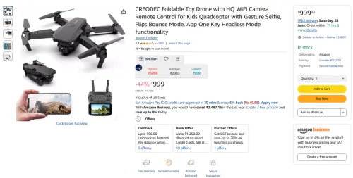 Image of CREODEC Foldable Toy Drone with HQ WiFi Camera Remote Control for Kids Quadcopter with Gesture Selfie, Flips Bounce Mode