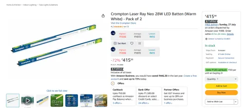 Image of Crompton Laser Ray Neo 28W LED Batten (Warm White) - Pack of 2